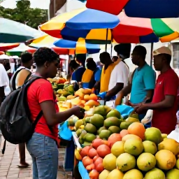 Caribbean Holidays, Jamaica January Backpacking, Colourful Jamaican street market in Kingston with local fruit, friendly vendors and backpackers exploring the stalls