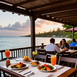 Caribbean Holidays, Jamaica January Breaks, Jamaican restaurant terrace at sunset with colourful local dishes, tropical drinks and relaxed diners