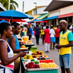 Caribbean Holidays, Jamaica January Holidays, Colourful Jamaican market street with local food, music and friendly people in warm daylight