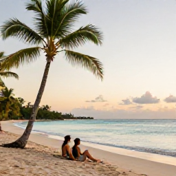 Caribbean Holidays, Jamaica January Holidays, Couple relaxing on a quiet Jamaican beach at sunset with palm trees and calm turquoise water
