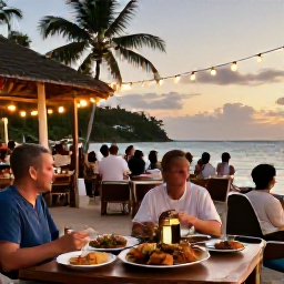 Caribbean Holidays, Jamaica January Holidays, Friendly Jamaican beachfront restaurant at sunset with local food, soft lights and holidaymakers enjoying a relaxed evening