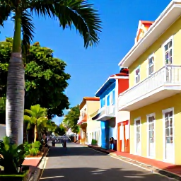 Caribbean Holidays, Jamaica January Holidays, Historic Jamaican town street with colourful buildings, colonial architecture, leafy gardens and visitors exploring in warm January sunshine