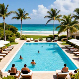 Caribbean Holidays, Jamaica January Holidays, Jamaican all-inclusive resort with guests relaxing around a pool, tropical gardens, sun loungers and a view of the Caribbean Sea