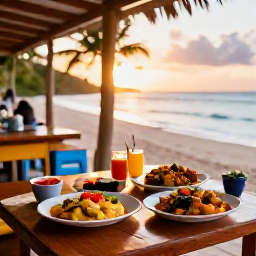 Caribbean Holidays, Jamaica January Holidays, Jamaican beachside restaurant serving colourful local food with a relaxed Caribbean sunset atmosphere