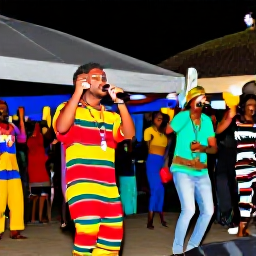 Caribbean Holidays, Jamaica January Holidays, Jamaican cultural scene with live reggae musicians performing outdoors, colourful clothing, local food and an enthusiastic evening crowd