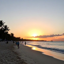 Caribbean Holidays, Jamaica January Holidays, Negril's Seven Mile Beach at sunset with golden light, soft sand, gentle waves and visitors walking along the shoreline
