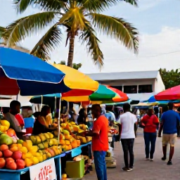 Caribbean Holidays, Jamaica January Holidays, Warm January morning in Jamaica with a colourful local market, palm trees, fresh fruit stalls and friendly people browsing