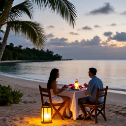 Caribbean Holidays, Jamaica January Honeymoons, Elegant Jamaican honeymoon dinner for two on a beach, lanterns, tropical flowers and calm evening sea