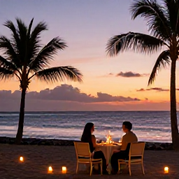Caribbean Holidays, Jamaica January Honeymoons, Romantic Jamaican resort at sunset with a couple dining beside the sea, candles, palm trees and warm evening light
