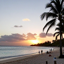 Caribbean Holidays, Jamaica January Tours, Relaxed Jamaican beach at sunset with palm trees, calm turquoise water and visitors enjoying the shore