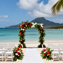 Caribbean Holidays, Jamaica January Weddings, Elegant beach wedding ceremony in Jamaica with white chairs, tropical flowers, turquoise water and mountains in the distance