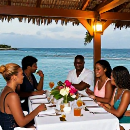 Caribbean Holidays, Jamaica January Weddings, Happy wedding guests enjoying a Jamaican resort reception beside the sea, with tropical flowers, lanterns and an informal dinner setting