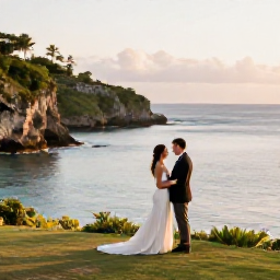 Caribbean Holidays, Jamaica January Weddings, Newly married couple exploring a Jamaican coastline near sunset, with cliffs, clear water and relaxed island scenery