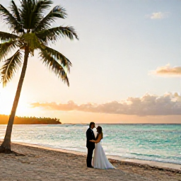 Caribbean Holidays, Jamaica January Weddings, Newlyweds standing on a quiet Jamaican beach at sunrise, with turquoise sea, soft golden light and palm trees