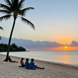 Caribbean Holidays, Jamaica June Adventures, A comfortable Jamaican beach resort at sunset with travellers relaxing after an active day, palm trees and calm sea