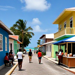 Caribbean Holidays, Jamaica June Adventures, A friendly Jamaican village street near the coast with colourful buildings, local food stalls, musicians and visiting travellers