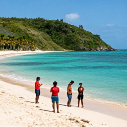 Caribbean Holidays, Jamaica June Adventures, A lively Jamaican coastline in June with turquoise water, green hills, palm trees and a small group of travellers preparing for outdoor activities