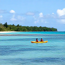 Caribbean Holidays, Jamaica June Adventures, Kayakers and snorkellers enjoying clear blue Jamaican water near a reef, with a wooded coastline and bright Caribbean sky