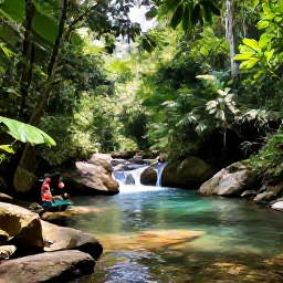 Caribbean Holidays, Jamaica June Adventures, Visitors hiking through lush Jamaican rainforest beside a clear river, with tropical plants, waterfalls and rocky trails