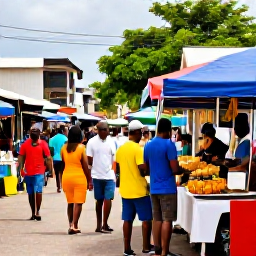 Caribbean Holidays, Jamaica June Tours, Colourful Jamaican market street with local food stalls, musicians and friendly visitors in Kingston