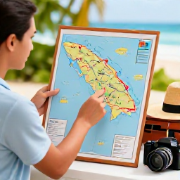 Caribbean Holidays, Jamaica June Tours, Friendly travel adviser showing a Jamaica tour map beside a suitcase, camera and sun hat