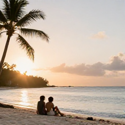 Caribbean Holidays, Jamaica Luxury Holidays, Couple enjoying a quiet Jamaican beach at sunset in February, soft golden light, calm sea and palm-fringed shoreline