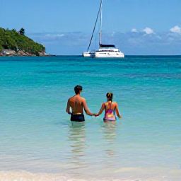 Caribbean Holidays, Jamaica Luxury Holidays, Couple swimming in clear Caribbean water near a Jamaican beach, luxury catamaran in the distance and green hills along the coast