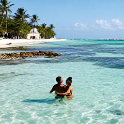 Caribbean Holidays, Jamaica Luxury Holidays, Couple swimming in clear turquoise water near a Jamaican beach, with colourful coral reef and tropical sunshine
