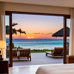 Caribbean Holidays, Jamaica Luxury Holidays, Elegant Jamaican luxury hotel suite opening onto a private terrace overlooking the Caribbean Sea at sunset