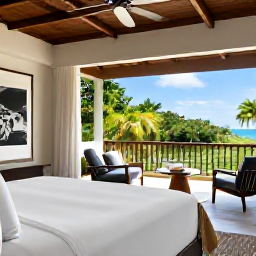 Caribbean Holidays, Jamaica Luxury Holidays, Elegant Jamaican luxury resort suite with private balcony, tropical garden views, crisp linens and tasteful Caribbean-inspired d&eacute;cor
