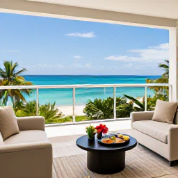 Caribbean Holidays, Jamaica Luxury Holidays, Elegant Jamaican resort suite with balcony overlooking the Caribbean Sea, fresh flowers, breakfast tray and contemporary luxury furnishings