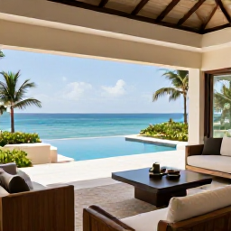 Caribbean Holidays, Jamaica Luxury Holidays, Elegant Jamaican resort suite with private terrace overlooking the sea, modern furnishings, tropical greenery and soft natural light