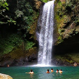 Caribbean Holidays, Jamaica Luxury Holidays, Jamaican waterfall surrounded by lush forest, with visitors swimming in a clear natural pool beneath the cascade