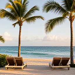 Caribbean Holidays, Jamaica Luxury Holidays, Luxury beachfront resort in Jamaica during February, bright blue Caribbean sea, palm trees, elegant sun loungers and warm morning light
