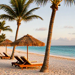 Caribbean Holidays, Jamaica Luxury Holidays, Luxury beachfront resort in Jamaica during July, turquoise Caribbean sea, palm trees, elegant loungers and warm evening light