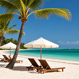 Caribbean Holidays, Jamaica Luxury Holidays, Luxury beachfront resort in Jamaica in August, with palm trees, turquoise Caribbean water and elegant loungers under bright sunshine