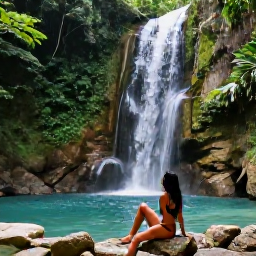 Caribbean Holidays, Jamaica Luxury Holidays, Luxury traveller exploring a lush Jamaican waterfall surrounded by tropical forest, clear pool and natural stone