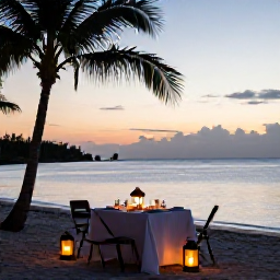 Caribbean Holidays, Jamaica Luxury Holidays, Romantic Jamaican sunset dinner on a beach with elegant table setting, lanterns, palm silhouettes and calm Caribbean sea