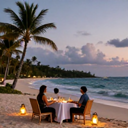 Caribbean Holidays, Jamaica Luxury Holidays, Romantic luxury dinner for two on a Jamaican beach at dusk, with lanterns, gentle waves and palm trees