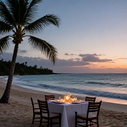 Caribbean Holidays, Jamaica Luxury Holidays, Romantic sunset dinner on a Jamaican beach, elegant table setting, candles, palm trees and calm Caribbean waves