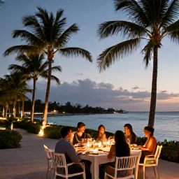 Caribbean Holidays, Jamaica Luxury Holidays, Stylish Jamaican beach resort at dusk with warm lights, palm trees, calm Caribbean water and guests enjoying an elegant outdoor dinner