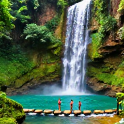 Caribbean Holidays, Jamaica Luxury Holidays, Travellers exploring Dunn's River Falls in Jamaica, lush green forest, cascading turquoise water and safe natural stepping stones