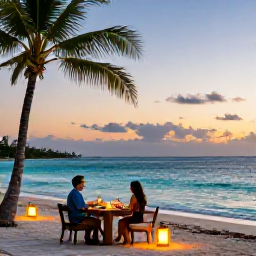 Caribbean Holidays, Jamaica Luxury January, Couple enjoying a private sunset dinner on a Jamaican beach, with lanterns, palm trees and calm turquoise water