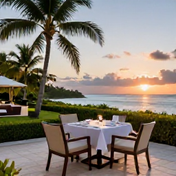 Caribbean Holidays, Jamaica Luxury January, Elegant Jamaican luxury resort terrace overlooking the Caribbean Sea at sunset, with fine dining table and tropical gardens