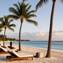 Caribbean Holidays, Jamaica Luxury June, A luxurious beachfront resort in Jamaica at golden hour, with palm trees, calm turquoise sea and elegant sun loungers