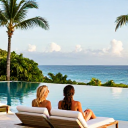 Caribbean Holidays, Jamaica Luxury June, Couple relaxing beside an infinity pool overlooking the Jamaican coastline, with tropical greenery and a warm blue sky