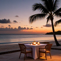 Caribbean Holidays, Jamaica Luxury June, Jamaican sunset over a quiet beach with a stylish outdoor dining table, candles and palm silhouettes