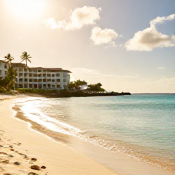 Caribbean Holidays, Jamaica Luxury March, Elegant luxury resort overlooking a calm turquoise Jamaican beach in warm March sunshine