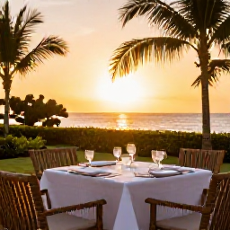Caribbean Holidays, Jamaica Luxury March, Jamaican sunset dining scene with elegant table setting, tropical garden and golden evening light