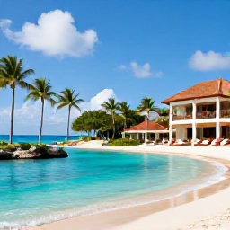 Caribbean Holidays, Jamaica Luxury March, Luxury Jamaican holiday scene with stylish resort, palm-lined beach and brilliant blue Caribbean sky